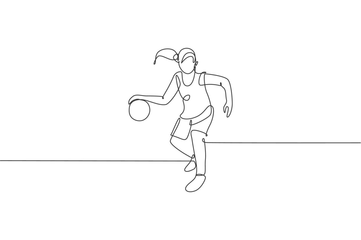 One continuous line drawing of young basketball player running at court. Team sport concept. Dynamic single line draw design vector illustration for basketball championship match publication poster