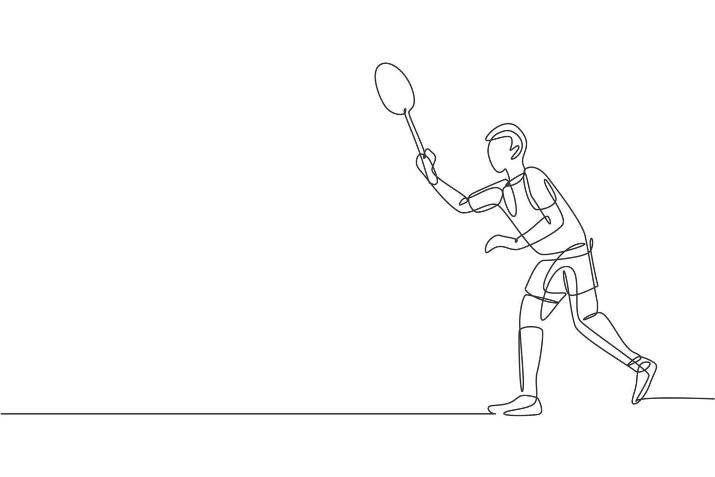 un dibujo de línea continua de un joven jugador de bádminton listo para tomar el servicio del oponente. concepto de ejercicio deportivo. ilustración de vector de diseño de dibujo de línea única dinámica para cartel de promoción de partido de torneo