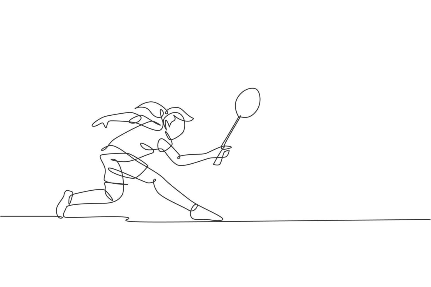 One single line drawing of young energetic badminton player defense from opponent's jumping smash vector illustration. Sport concept. Modern continuous line draw design for badminton tournament poster