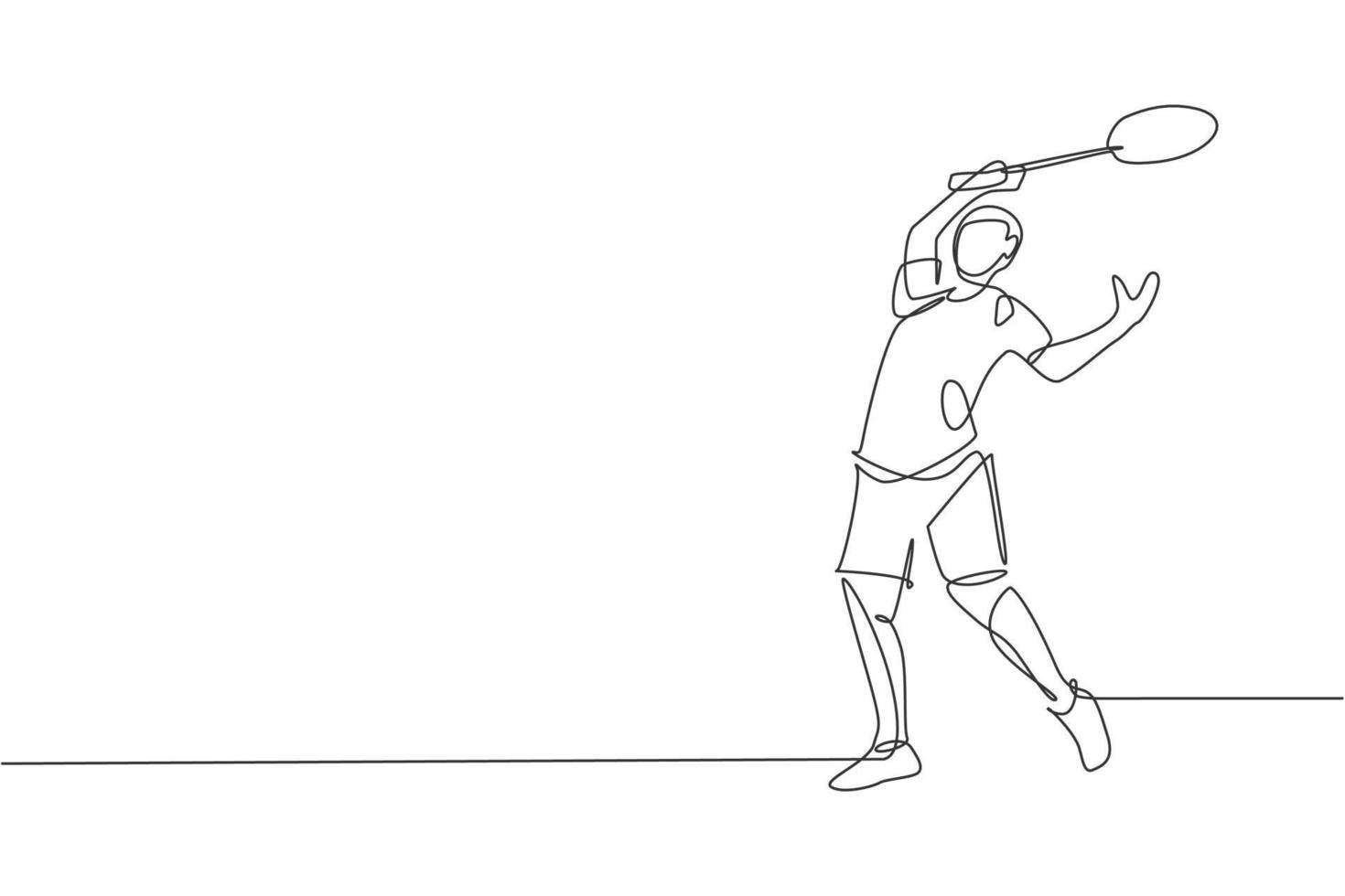 un dibujo de línea continua de la defensa del joven jugador de bádminton para tomar el golpe del oponente con la raqueta. concepto de deporte competitivo. ilustración de vector de diseño de dibujo de línea única dinámica para cartel de torneo