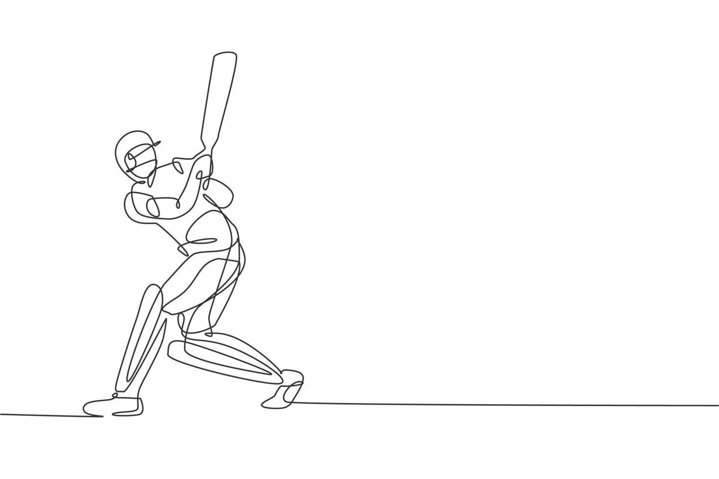 dibujo de una sola línea continua de un joven jugador de críquet ágil practicando golpear la pelota en la ilustración del vector de campo. concepto de ejercicio deportivo. diseño moderno de dibujo de una línea para medios de promoción de cricket