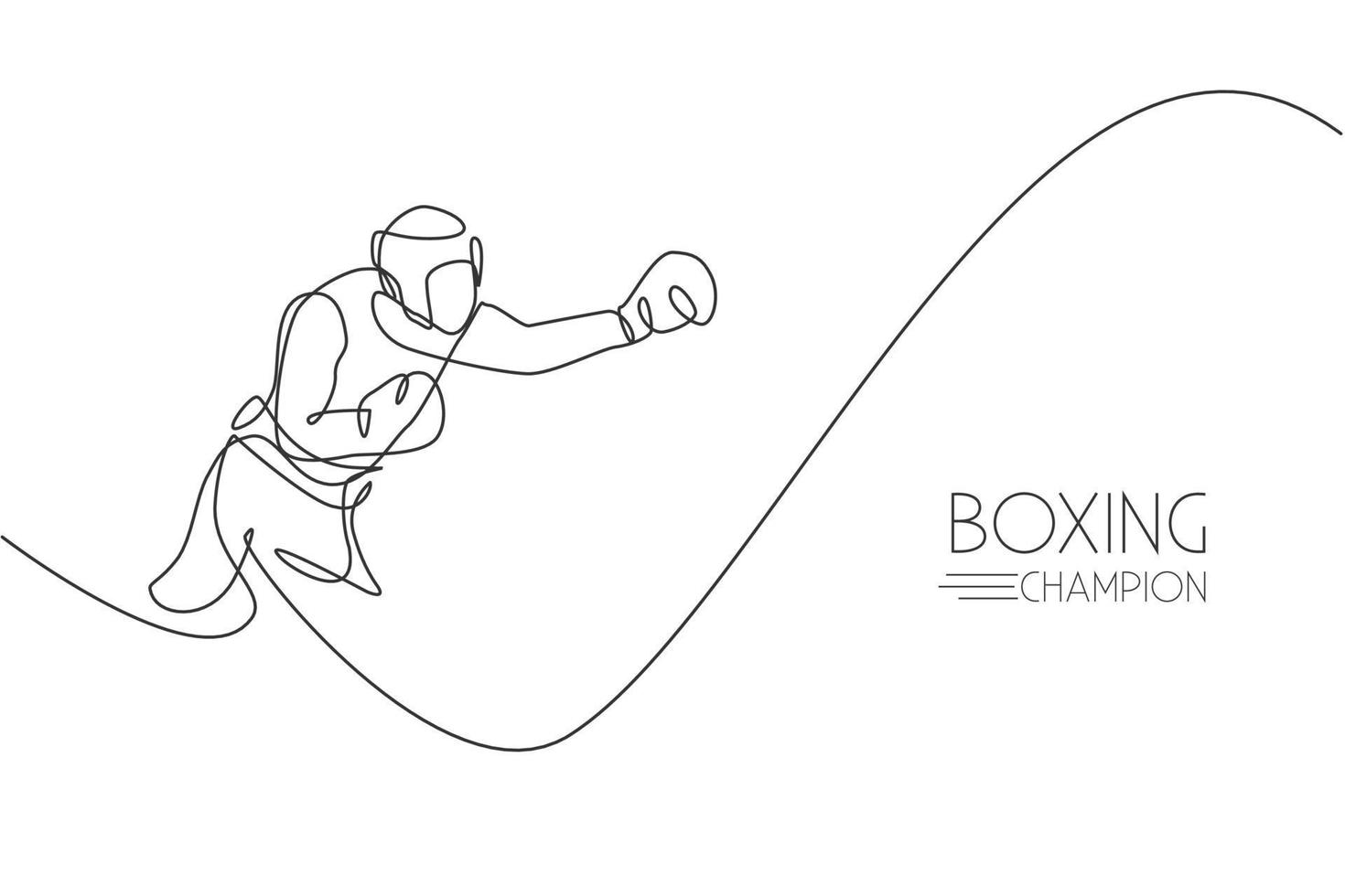 One single line drawing of young energetic man boxer practice his hook punch vector illustration. Sport combative training concept. Modern continuous line draw design for boxing championship banner