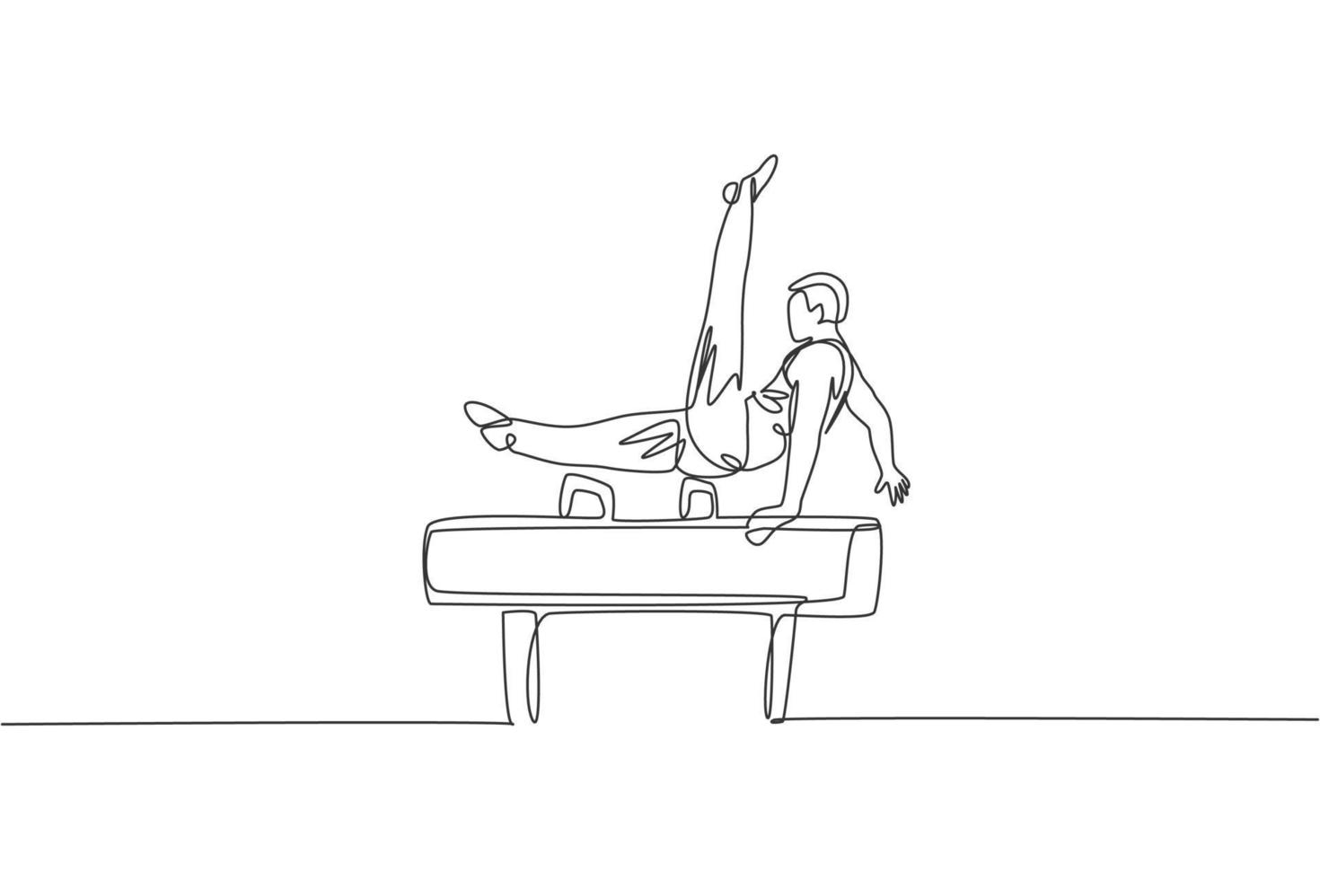 One single line drawing of young handsome gymnast man exercising pommel horse vector graphic illustration. Healthy lifestyle and athletic sport concept. Modern continuous line draw design