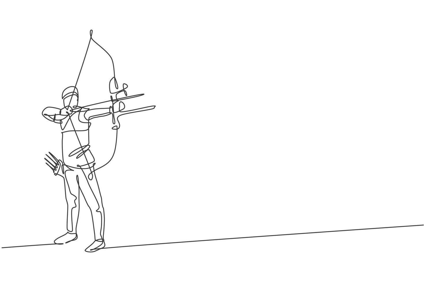 One single line drawing of young archer man focus exercising archery to hit the target graphic vector illustration. Healthy refresh shooting with bow sport concept. Modern continuous line draw design