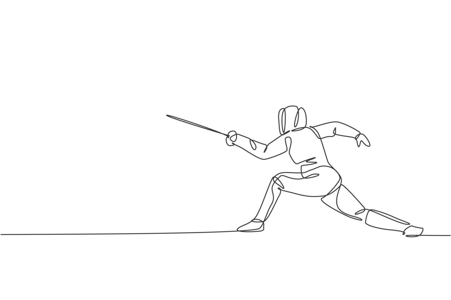 Single continuous line drawing young professional fencer athlete man in fencing mask and rapier. Competitive fighting sport competition concept. Trendy one line draw design graphic vector illustration