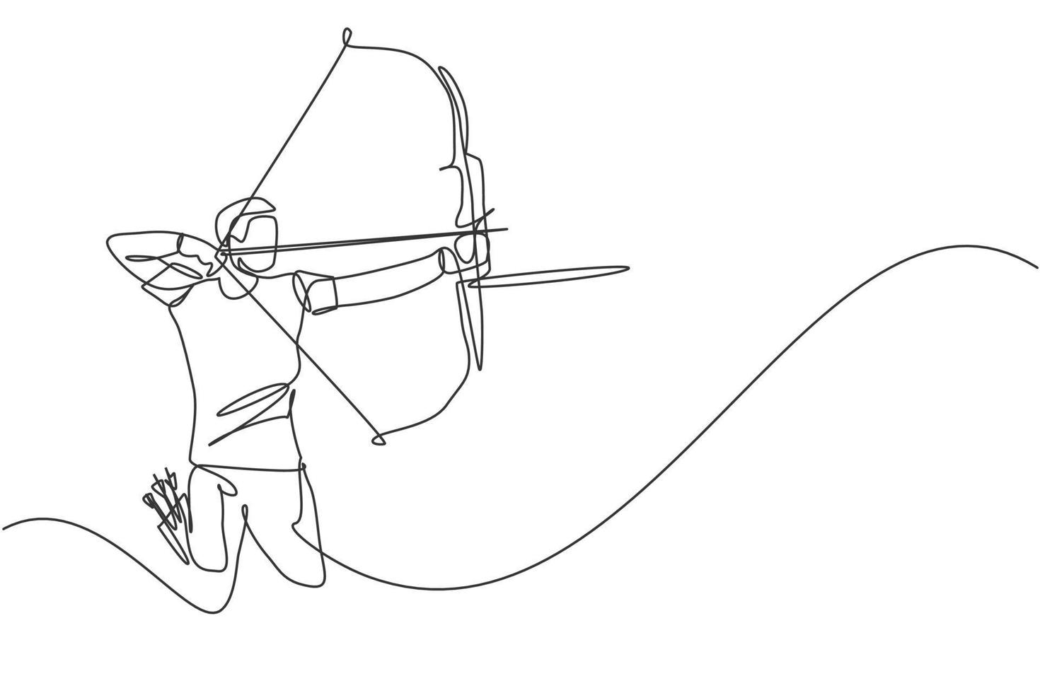 Single continuous line drawing of young professional archer man focus standing and aiming archery target. Archery sport exercise with the bow concept. Trendy one line draw design vector illustration