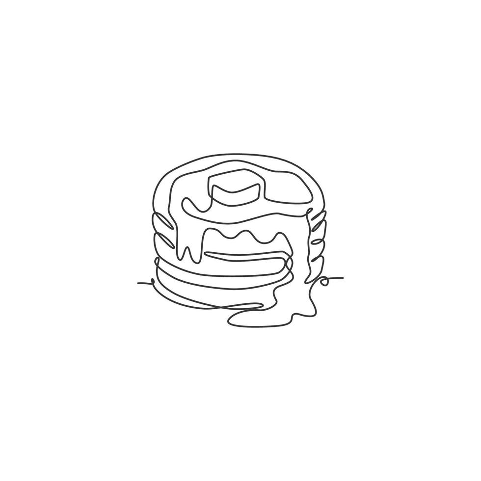 One single line drawing fresh stacked pancake with butter logo vector graphic illustration. Breakfast food cafe menu and restaurant badge concept. Modern continuous line draw design food shop logotype