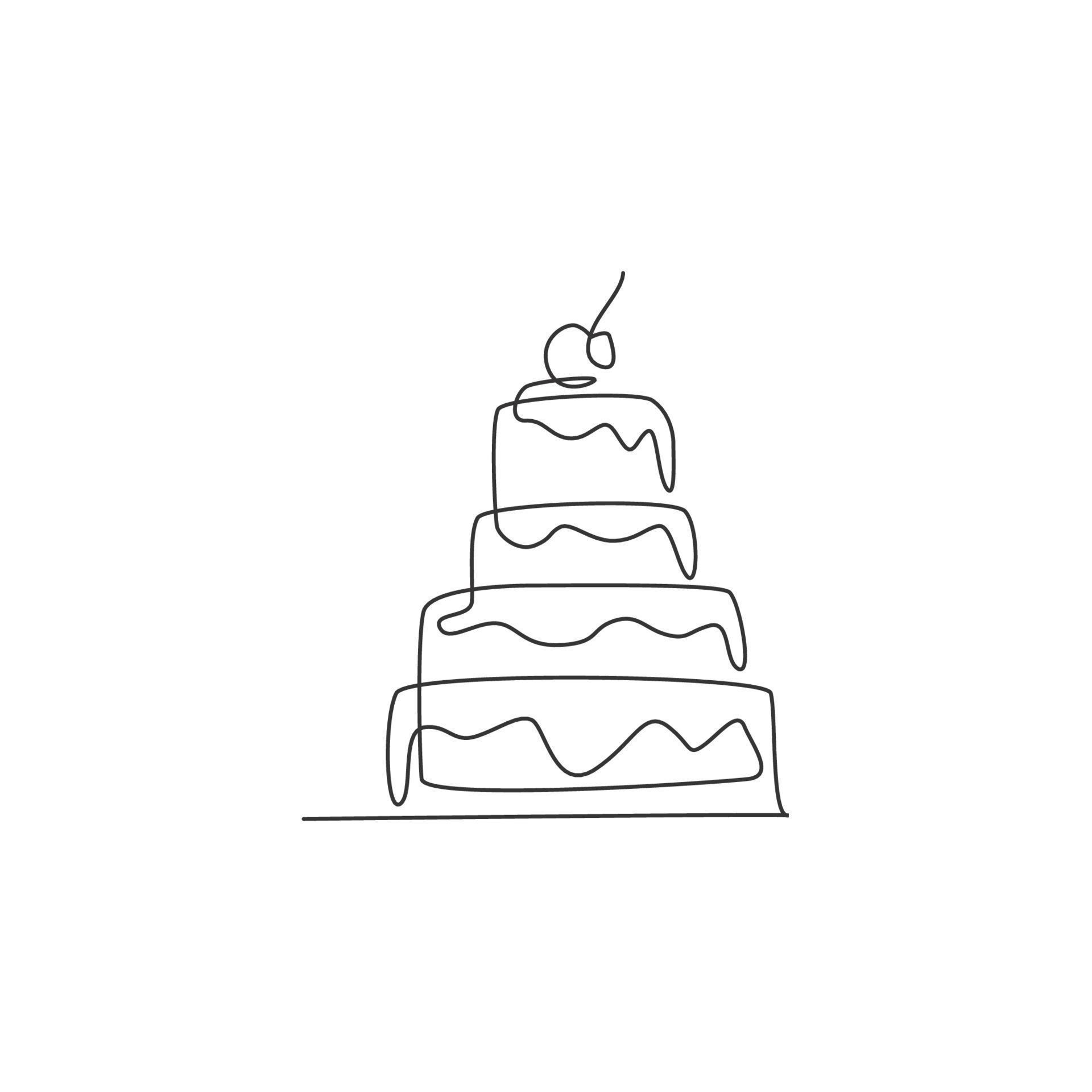 Single continuous line drawing of stylized pilled anniversary cake with