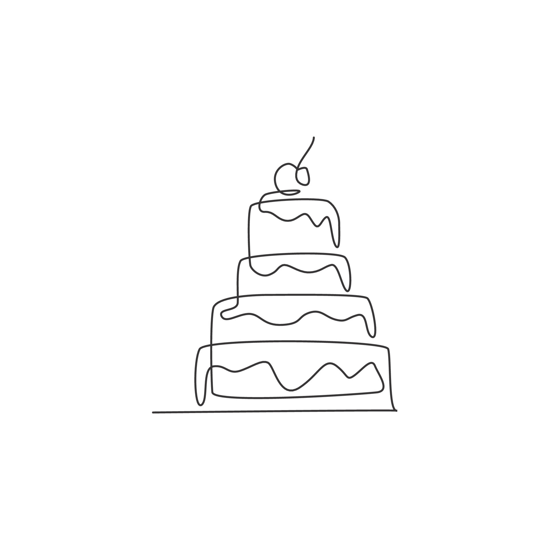 Single continuous line drawing of stylized pilled anniversary cake with