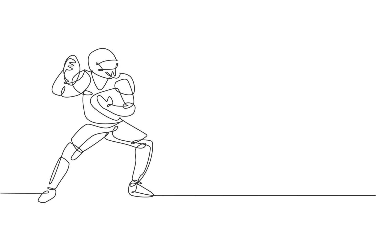 un dibujo de línea continua de un joven jugador deportivo de fútbol americano que pasa el balón a sus compañeros de equipo para el afiche de la competencia. concepto de trabajo en equipo deportivo. Ilustración de vector de diseño de dibujo de línea única dinámica
