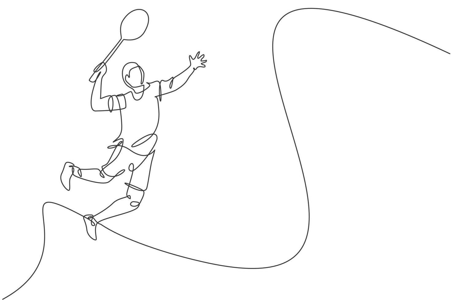 Single continuous line drawing of young agile badminton player jump hit shuttlecock. Sport exercise concept. Trendy one line draw design vector illustration for badminton tournament publication media