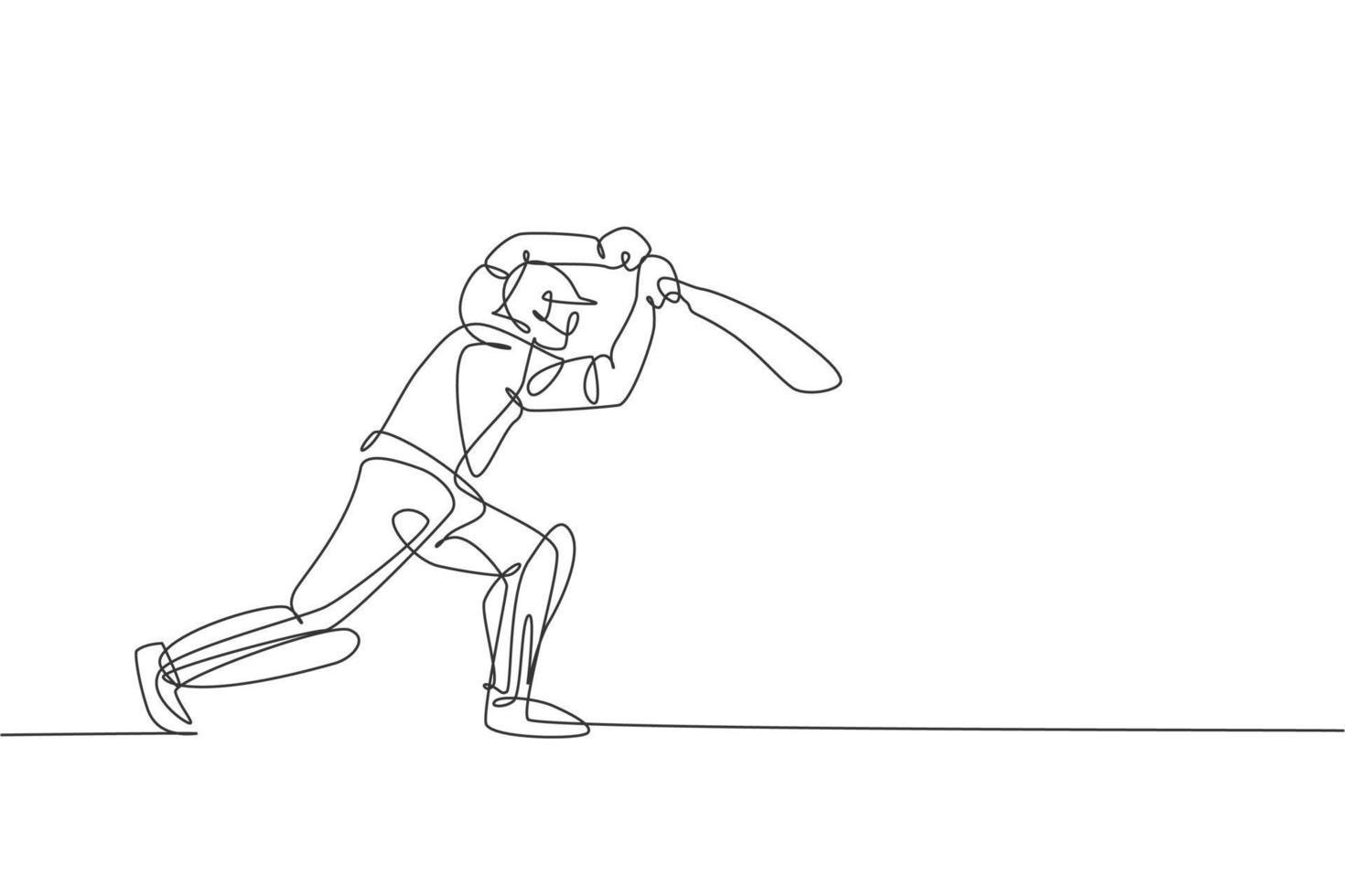 One single line drawing of young energetic man cricket player standing to hit the ball vector illustration. Competitive sport concept. Modern continuous line draw design for cricket competition banner