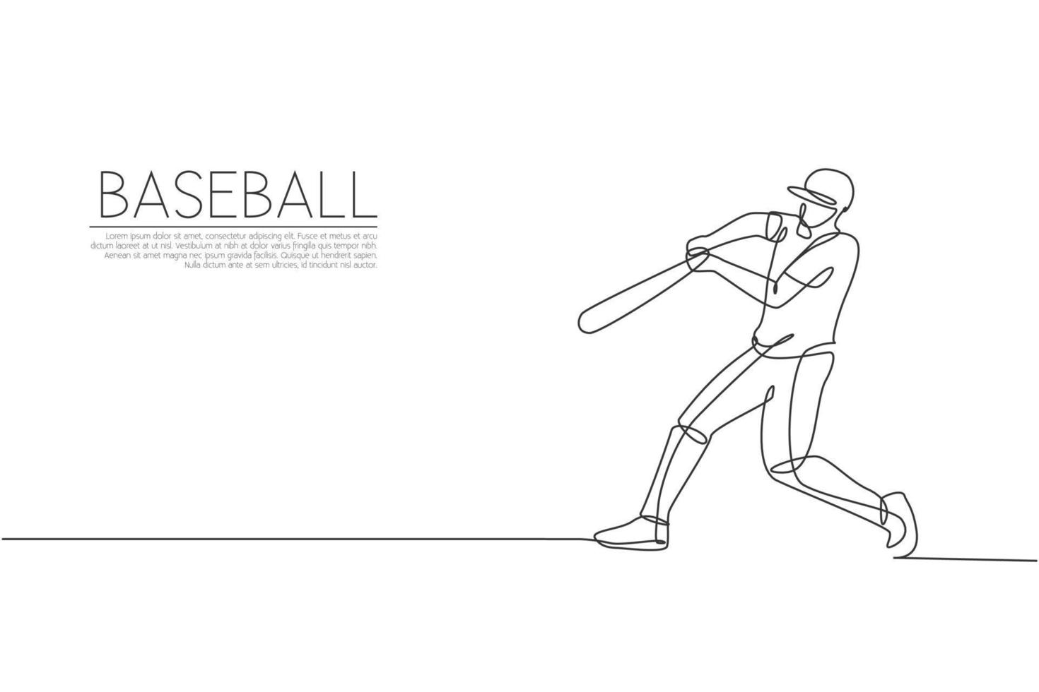 Single continuous line drawing of young agile man baseball player practice to hit ball at field. Sport exercise concept. Trendy one line draw design vector illustration for baseball promotion media