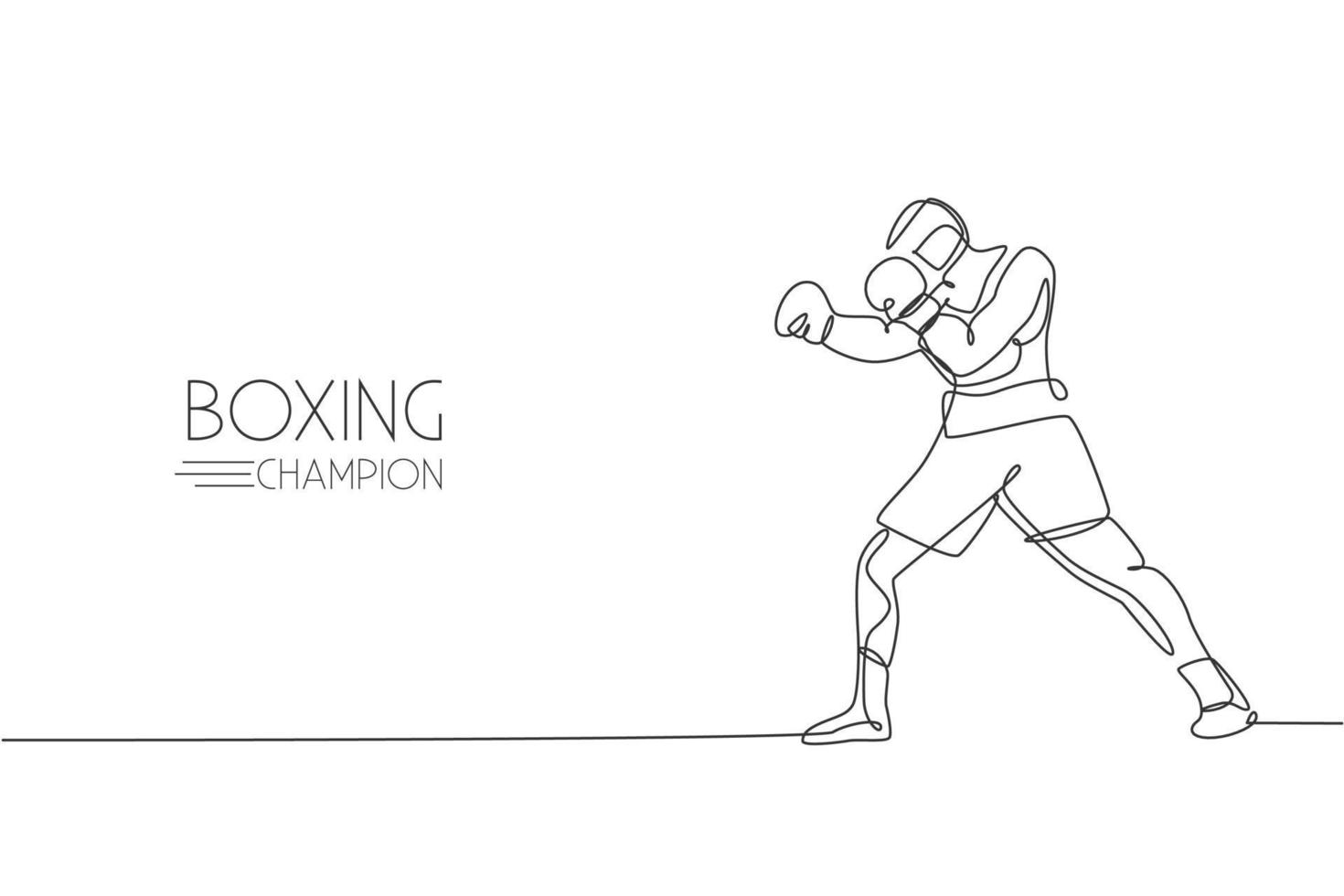 One single line drawing of young energetic man boxer practicing at sport gym vector illustration. Sport combative training concept. Modern continuous line draw design for boxing championship banner