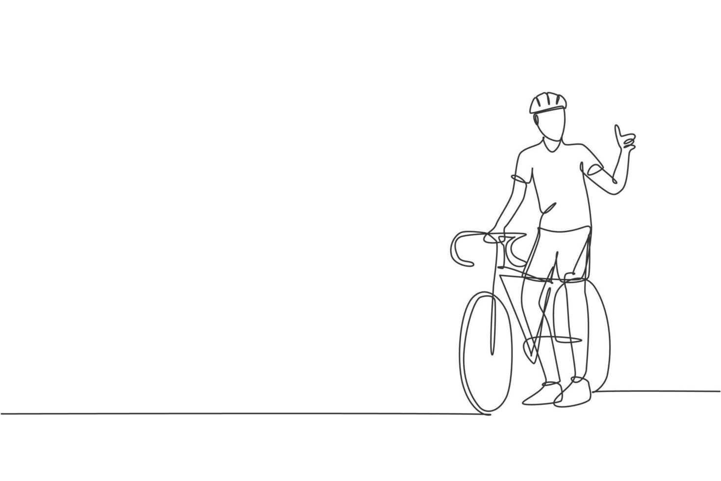 One single line drawing young man bicycle racer pointing his finger up, number one winner vector illustration graphic. Racing cyclist concept. Continuous line draw design for cycling tournament banner
