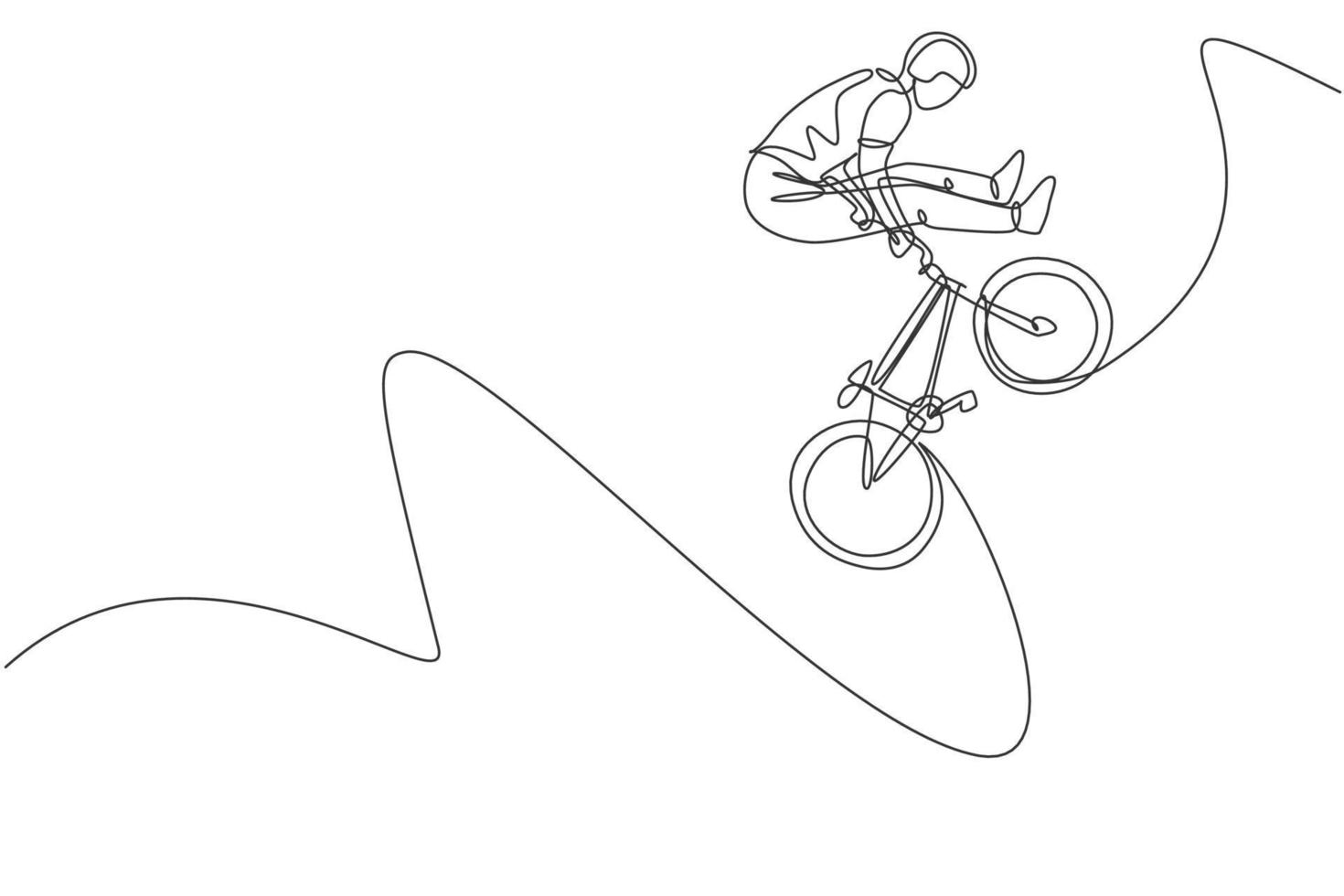 One continuous line drawing of young BMX bicycle rider does jumping into the air trick at skatepark. Extreme sport concept vector illustration. Single line draw design for event promotion art poster