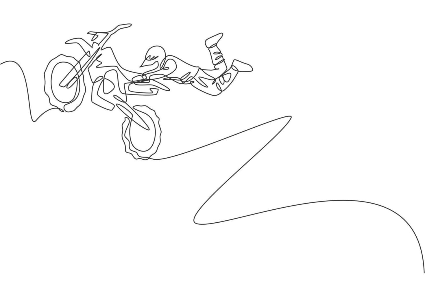 Vetor de One continuous line drawing of young motocross rider climb mound  of land at race track. Extreme sport concept. Dynamic single line draw  design vector illustration for motocross competition poster do