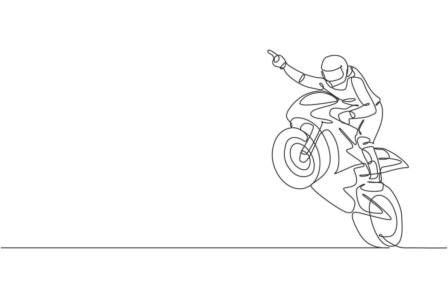 One continuous line drawing of young moto racer celebrate win with raise his hand. Super bike racing concept vector illustration. Dynamic single line draw design for motorbike race promotion poster