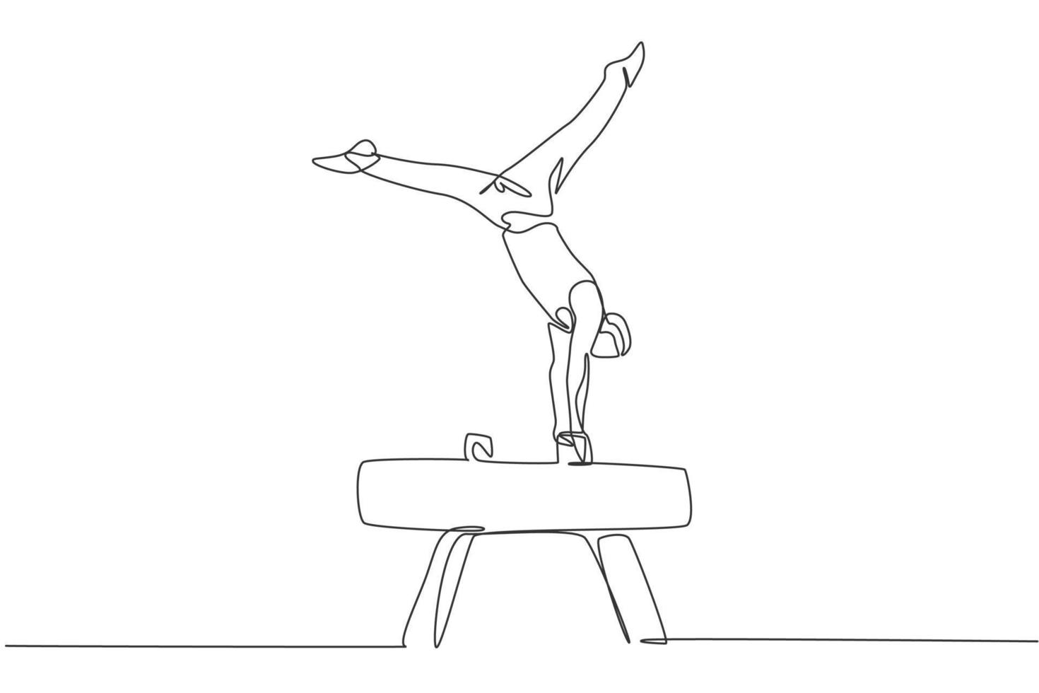One single line drawing of young handsome gymnast man exercising pommel horse vector illustration graphic. Healthy lifestyle and athletic sport concept. Modern continuous line draw design