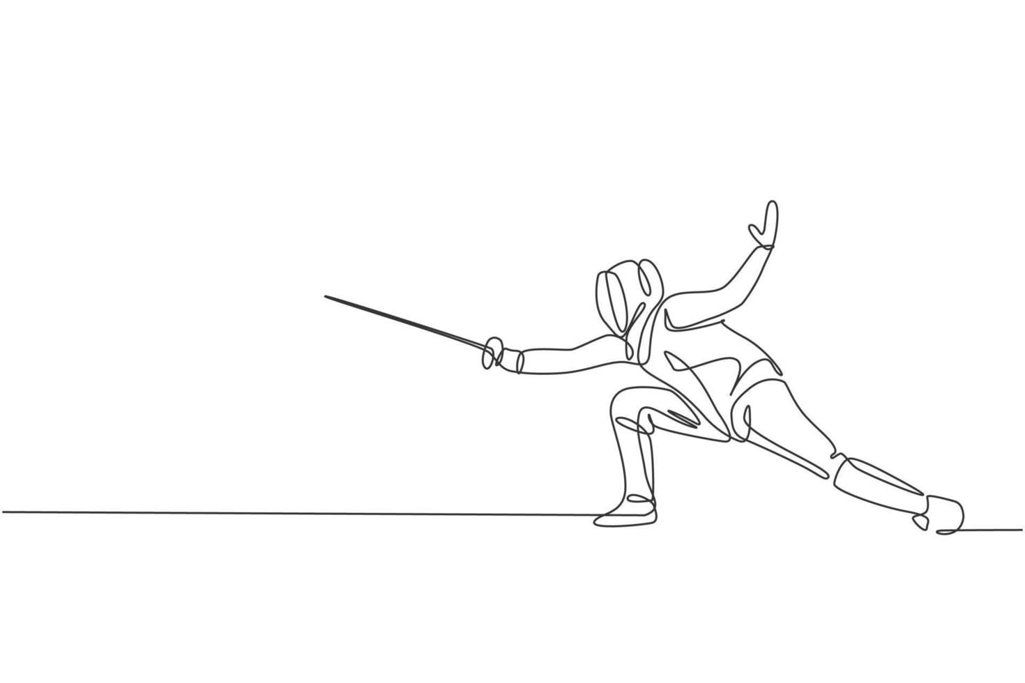 One continuous line drawing of young woman fencing athlete practice fighting on professional sport arena. Fencing costume and holding sword concept. Dynamic single line draw design vector illustration