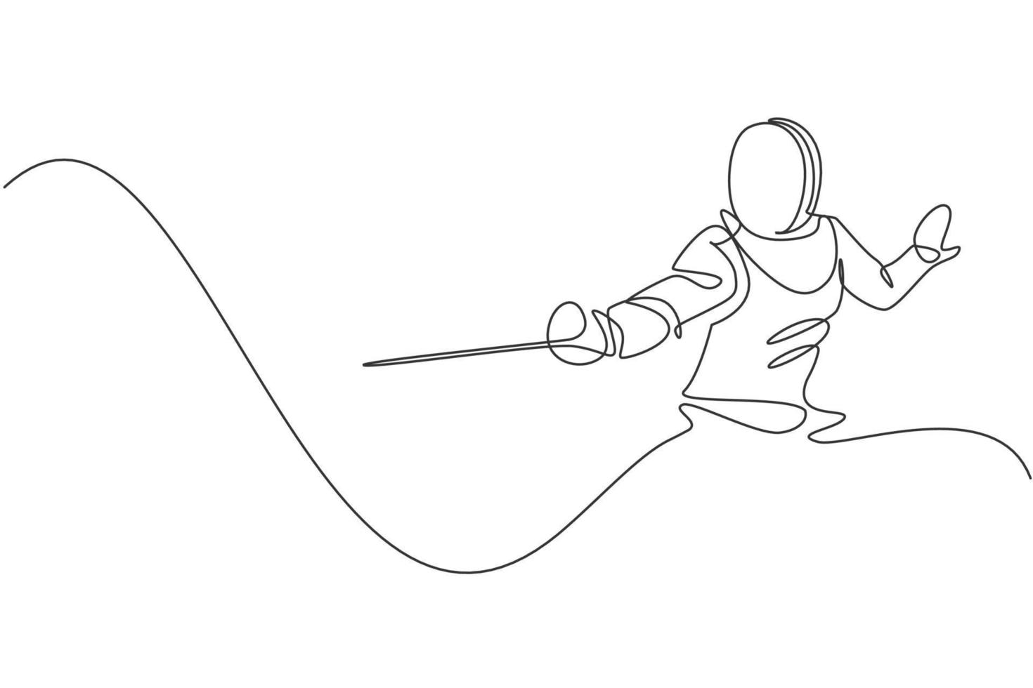 Single continuous line drawing of young professional fencer athlete woman in fencing mask and rapier. Competitive fighting sport competition concept. Trendy one line draw design vector illustration