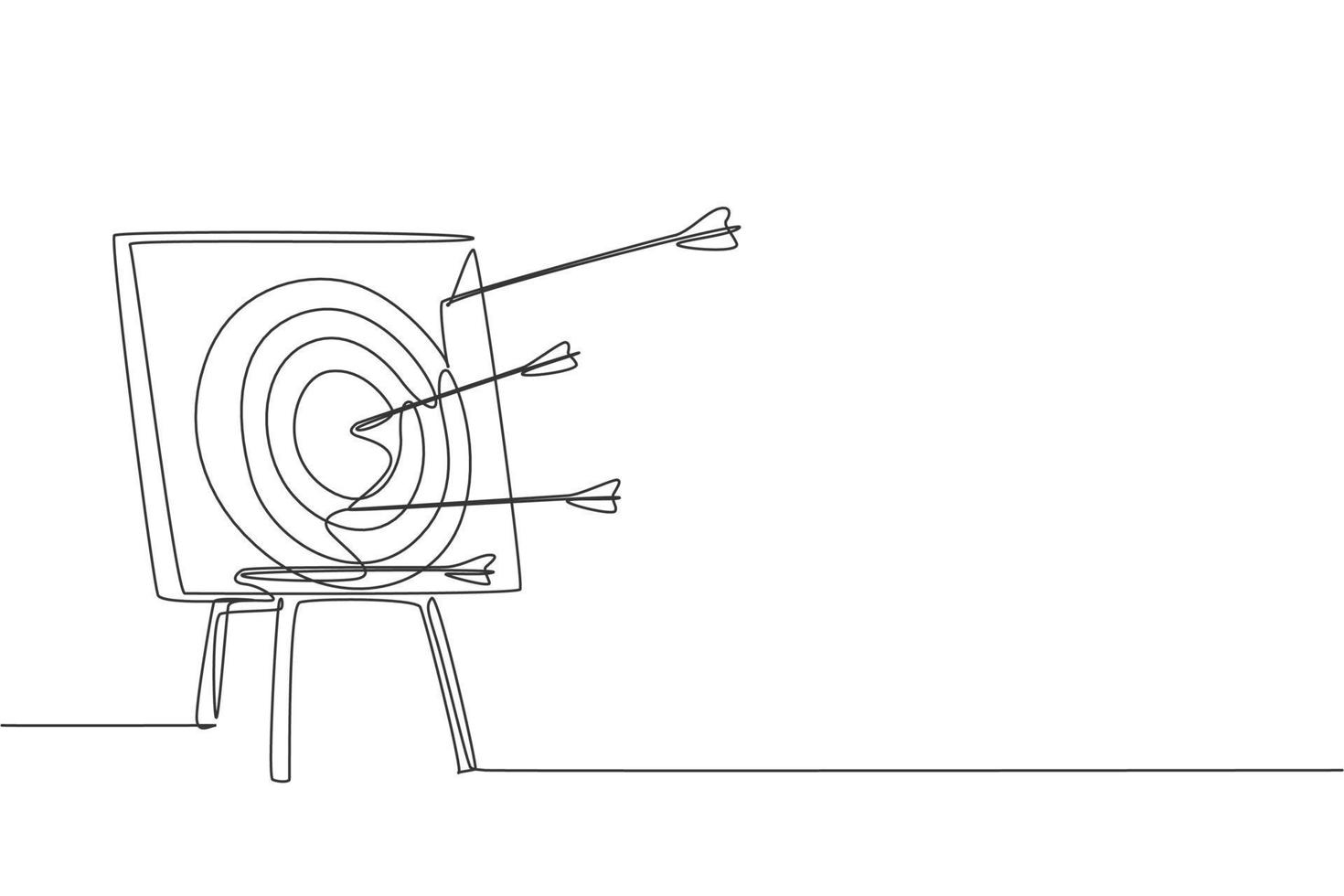 se disparó un dibujo de línea continua de flechas a un tablero de tiro con arco. Concepto de entrenamiento y ejercicio deportivo de tiro con arco. Ilustración gráfica de vector de diseño de dibujo de línea única dinámica