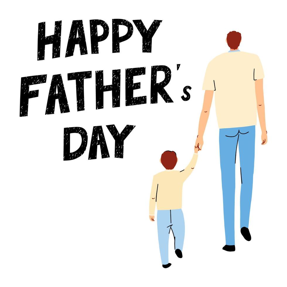 Vector colorful greeting card with illustration of dad with his sun and hand drawn lettering - Happy Father Day. Typography design for postcard, banner, poster, Social Media post design