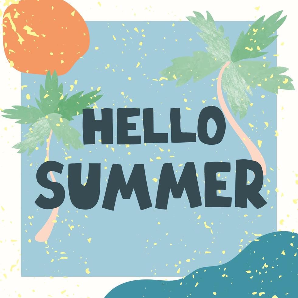 Vector illustration with hand drawn lettering - Hello summer. Colourful typography design in Scandinavian style for postcard, banner, t-shirt print, invitation, greeting card, poster