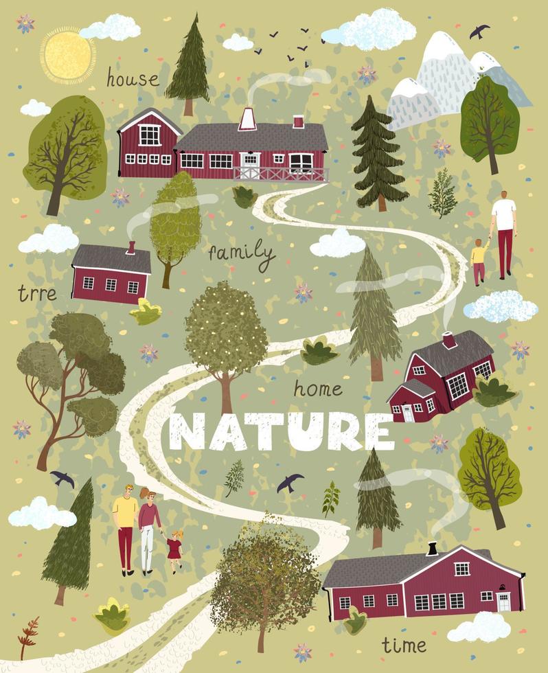 Vector vertical colorful textured illustration of nature landscape with a house in the Scandinavian style and family. Use it as background for poster, postcard, brochure, card, banner, graphic design