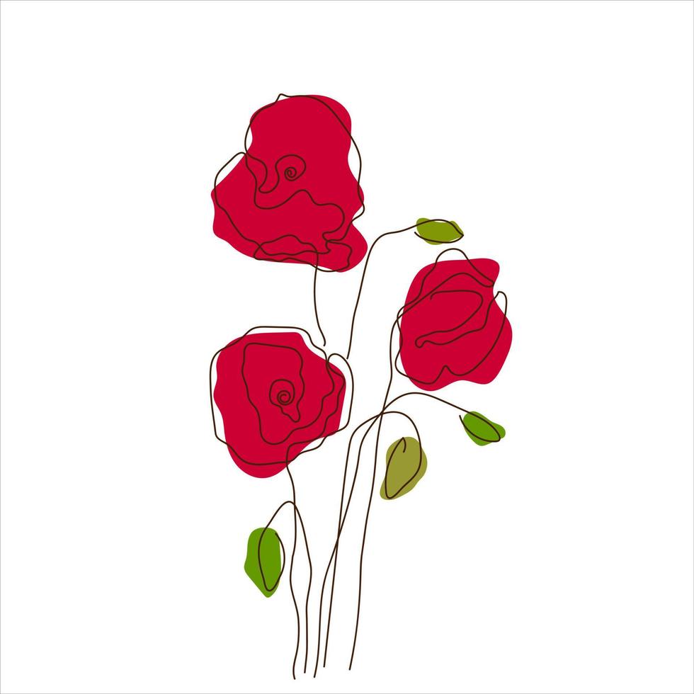 amapolas rojas sobre fondo blanco. estilo de arte continuo de una línea. vector