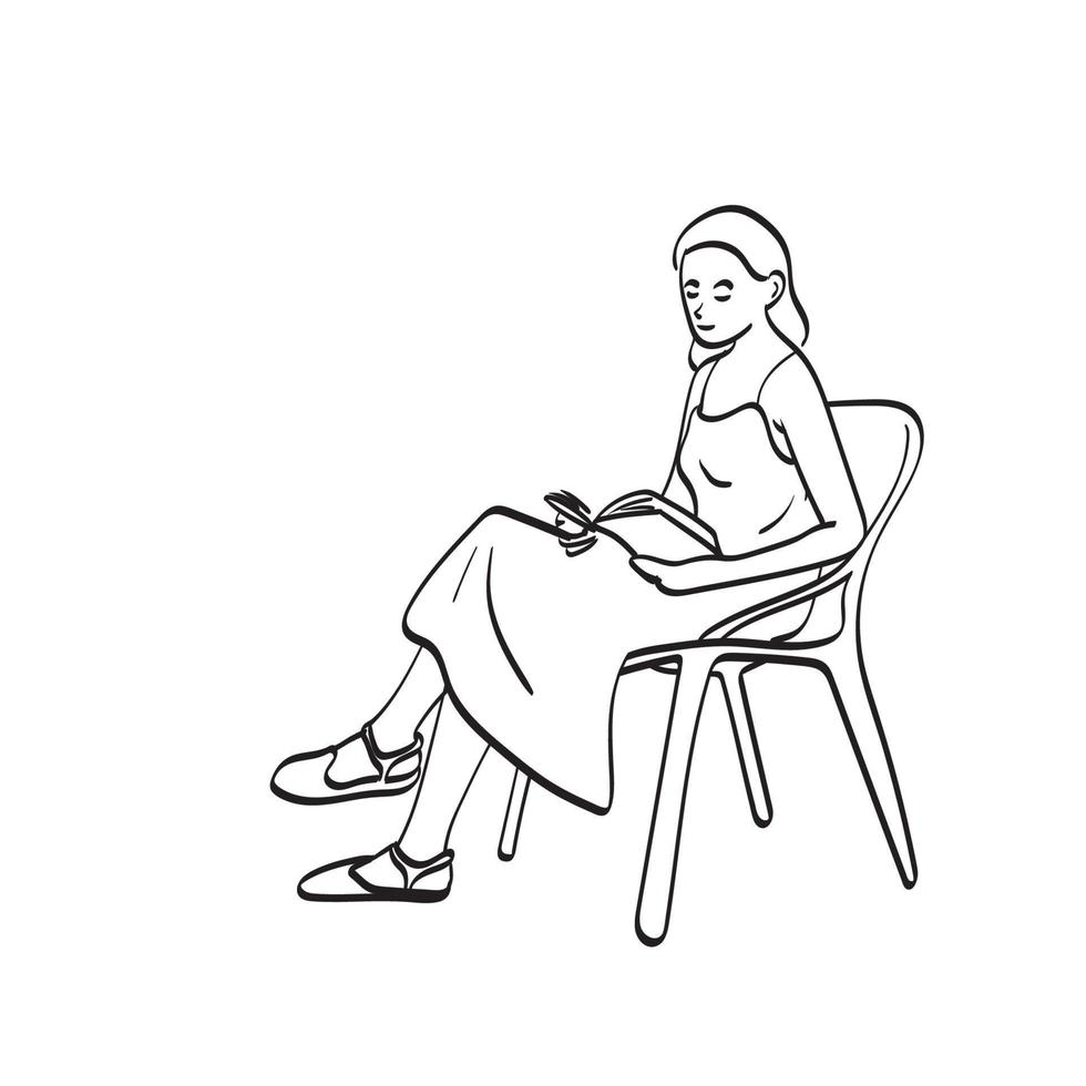 line art woman reading book on chair with copy space illustration vector hand drawn isolated on white background