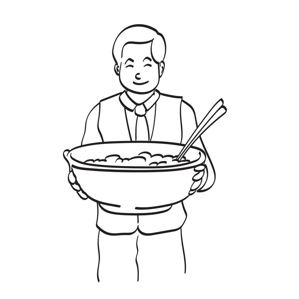 camarero asiático masculino sosteniendo un gran tazón de fideos ilustración vector dibujado a mano aislado en el arte de línea de fondo blanco.