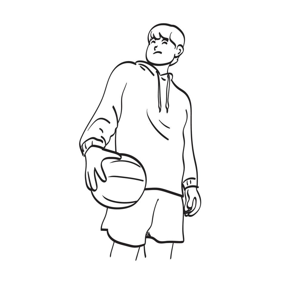 jugador de baloncesto profesional de media longitud de arte lineal con pelota en la mano ilustración vector dibujado a mano aislado sobre fondo blanco