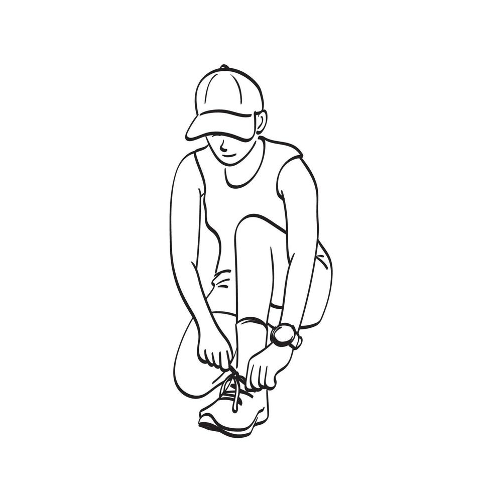 sporty woman tying shoe laces illustration vector hand drawn isolated on white background line art.