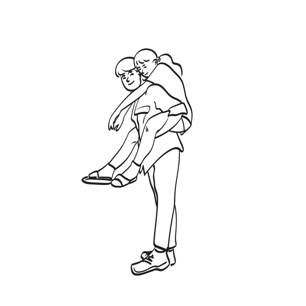 arte de línea hombre de longitud completa dando piggy back a mujer ilustración vector dibujado a mano aislado sobre fondo blanco