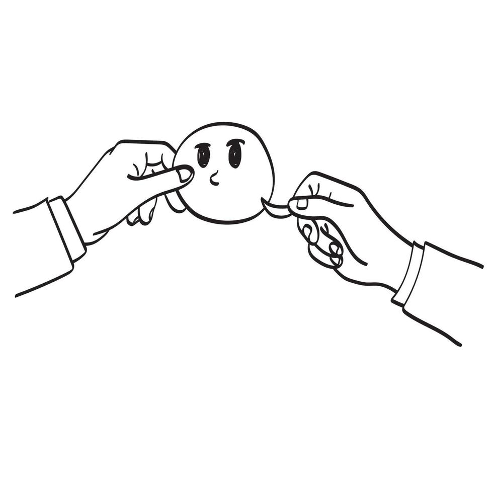 line art closeup hand of businessman holding face with smile illustration vector hand drawn isolated on white background