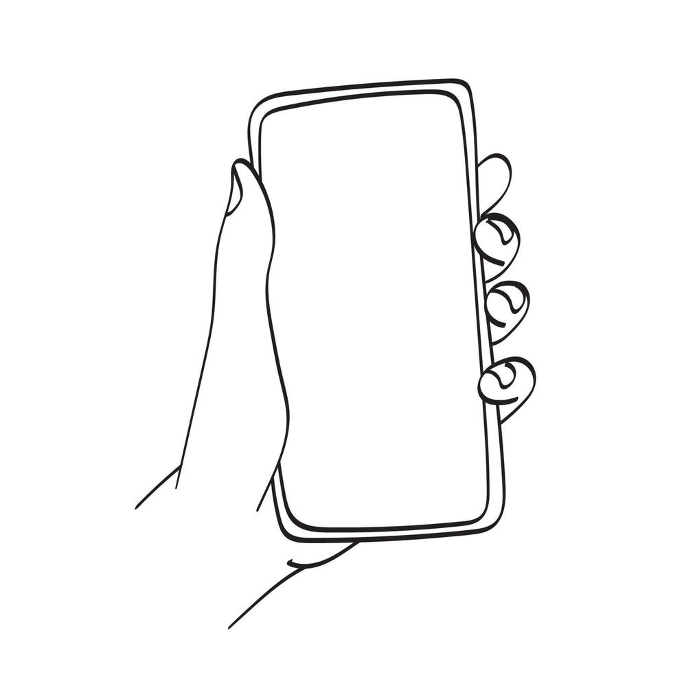 closeup hand holding smartphone with blank screen illustration vector hand drawn isolated on white background line art.