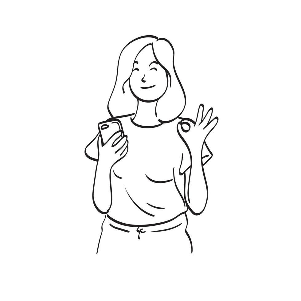 arte de línea mujer de media longitud con sonrisa sosteniendo el teléfono inteligente y mostrando el signo de la mano ok ilustración vector dibujado a mano aislado sobre fondo blanco