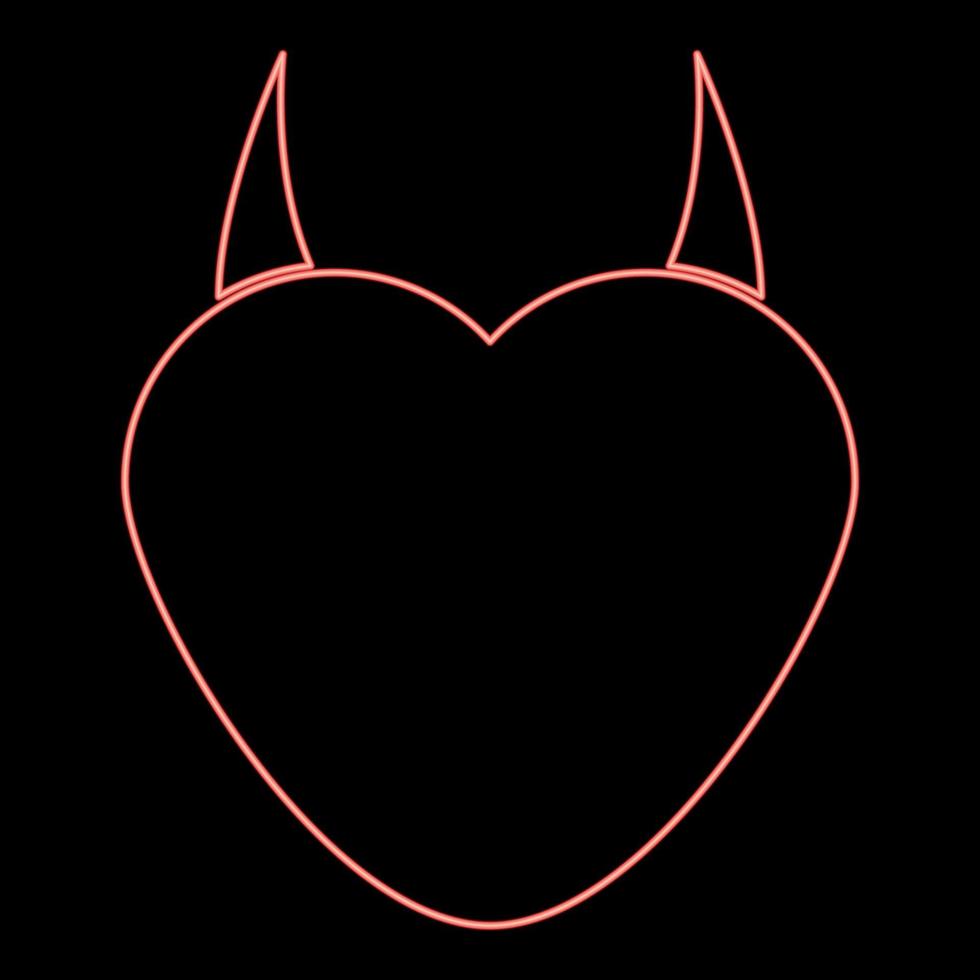 corazón de neón con icono de cuerno de diablo color negro en círculo color rojo ilustración vectorial imagen de estilo plano vector