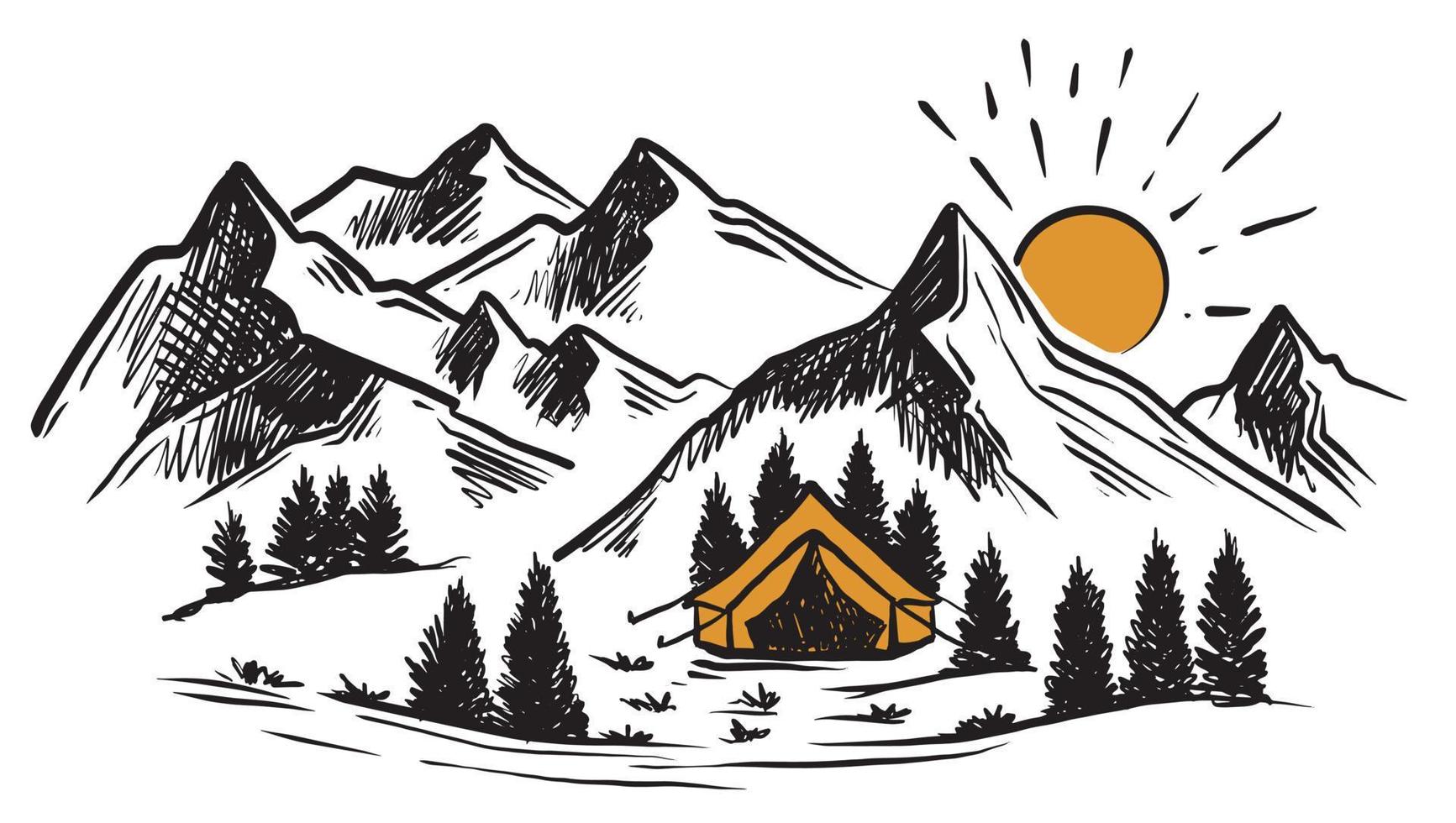 Camping in nature, Mountain landscape, sketch style, vector illustrations.