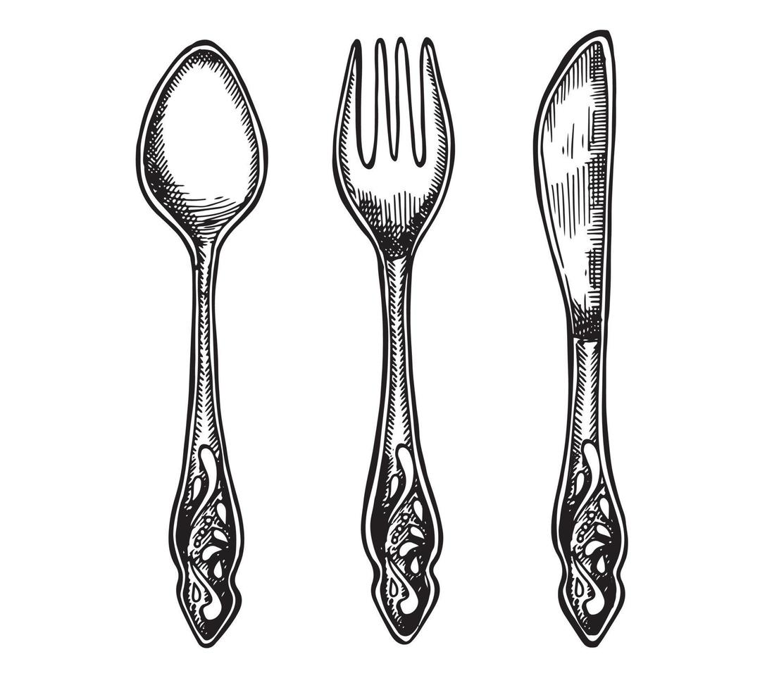 cuchara, tenedor y cuchillo ilustración dibujada a mano. vector