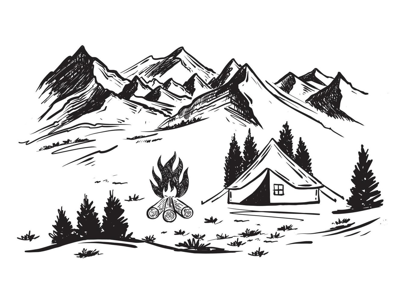 Camping in nature, Mountain landscape, sketch style, vector illustrations.