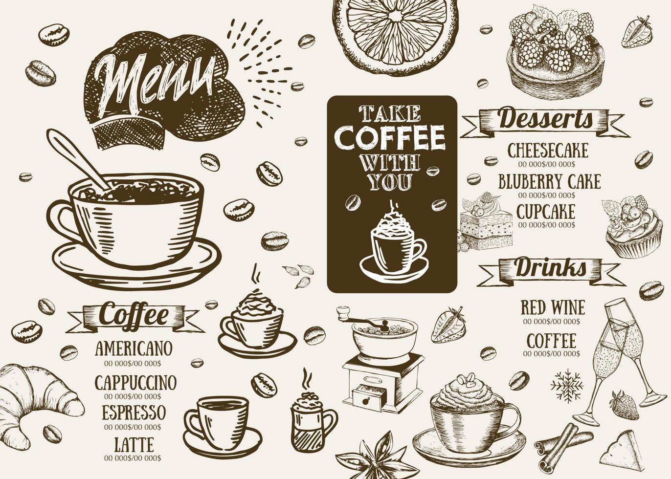 Coffee house menu. Restaurant cafe menu, template design. Food flyer. vector