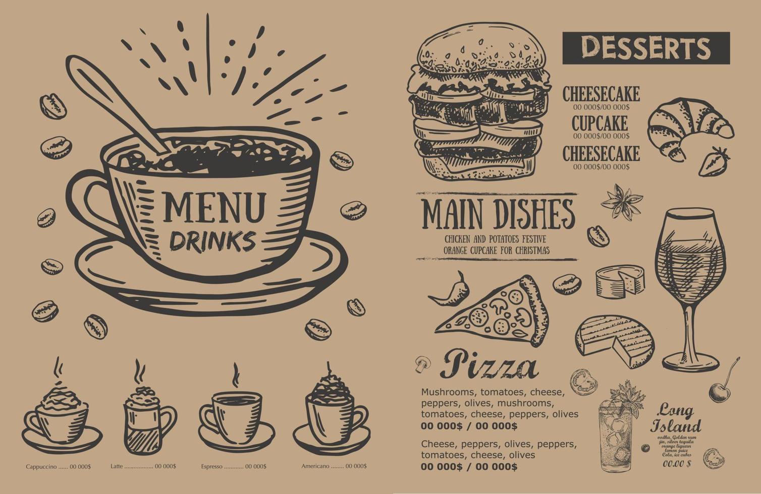 menú de cafetería restaurante, diseño de plantilla. folleto de comida. vector