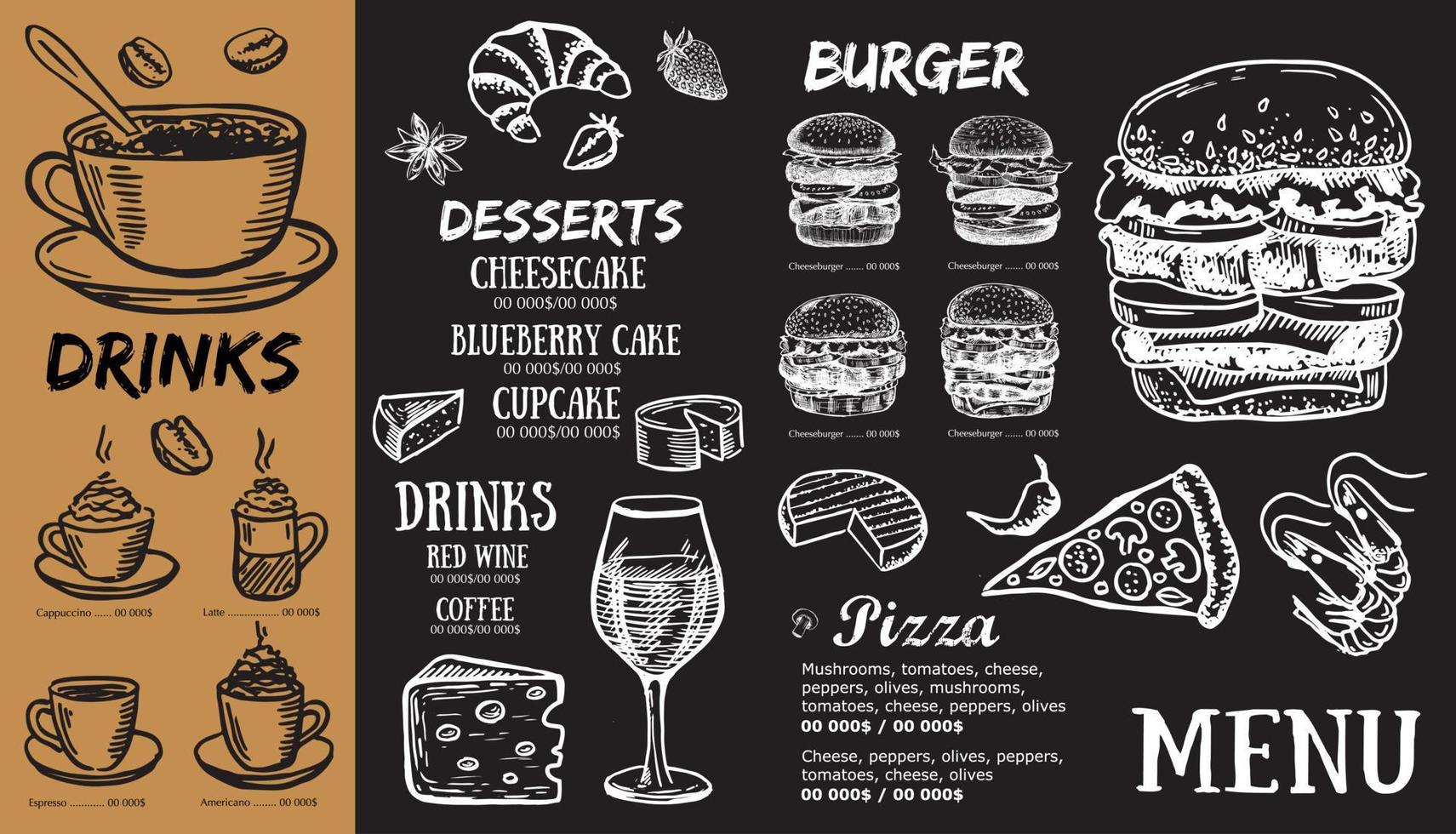 Restaurant menu, template design.. Food flyer. Hand-drawn style. Vector illustration.