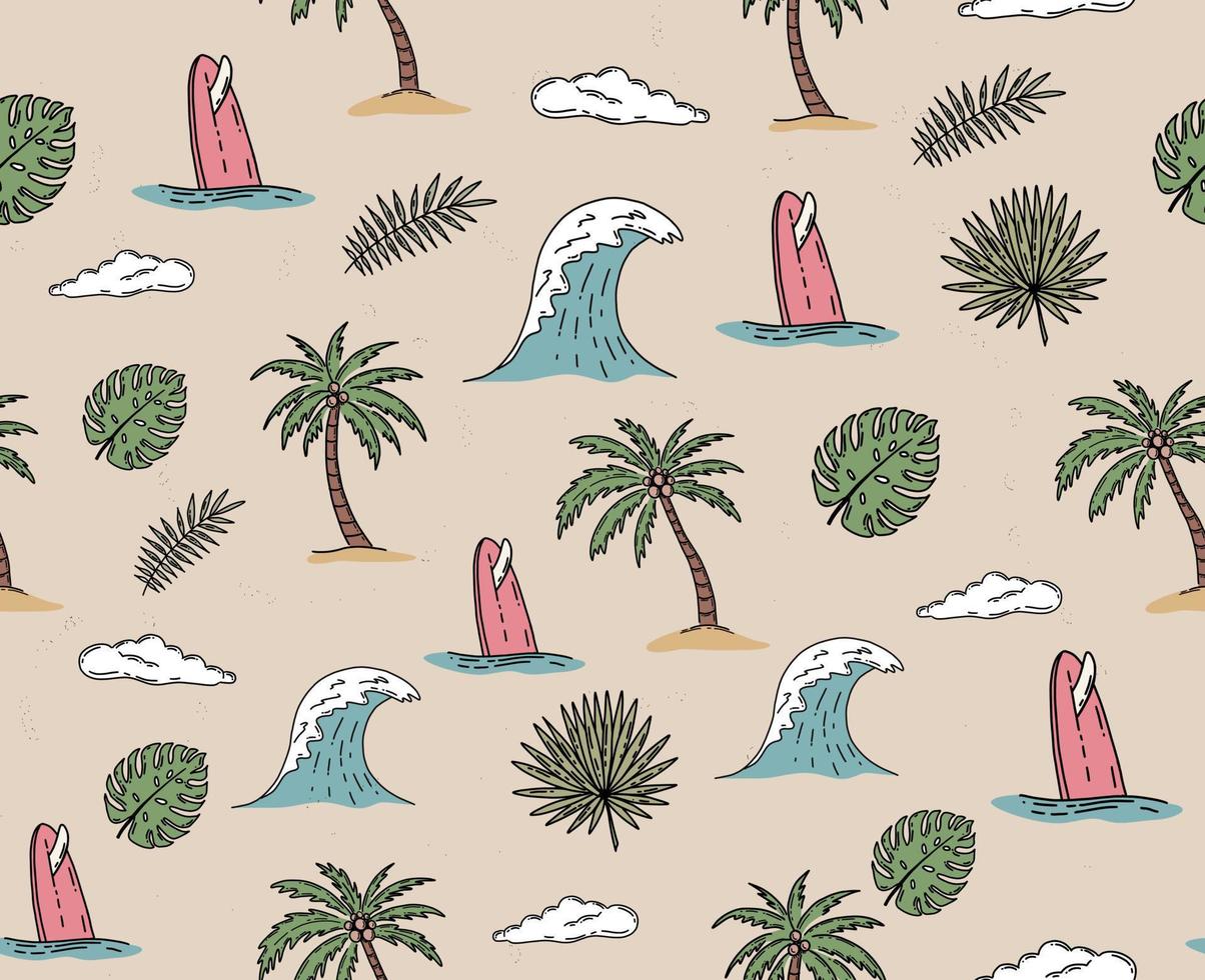 ola, océano, tabla de surf, palmeras, hojas, monstera, ilustración dibujada a mano, vector. vector