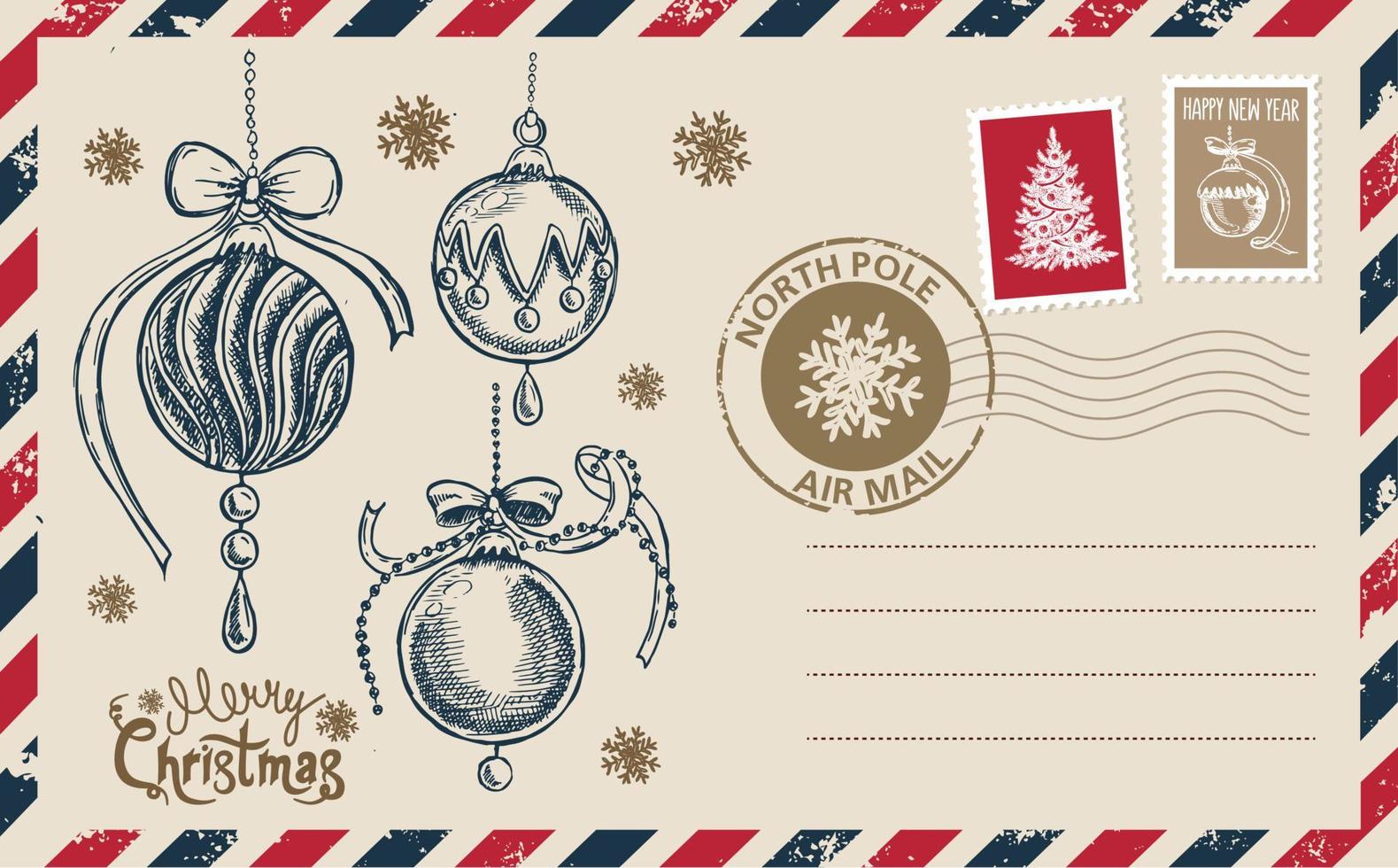 correo de navidad, postal, ilustración dibujada a mano. vector