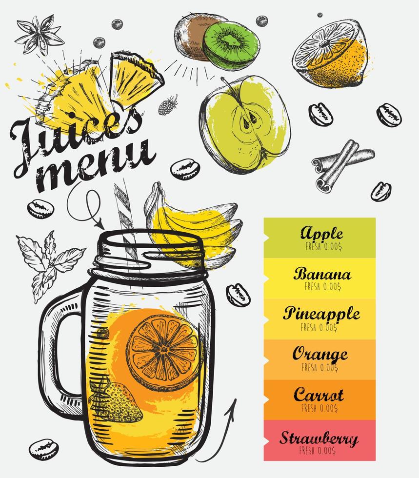 Menu Juice smoothie, Hand drawn style. vector