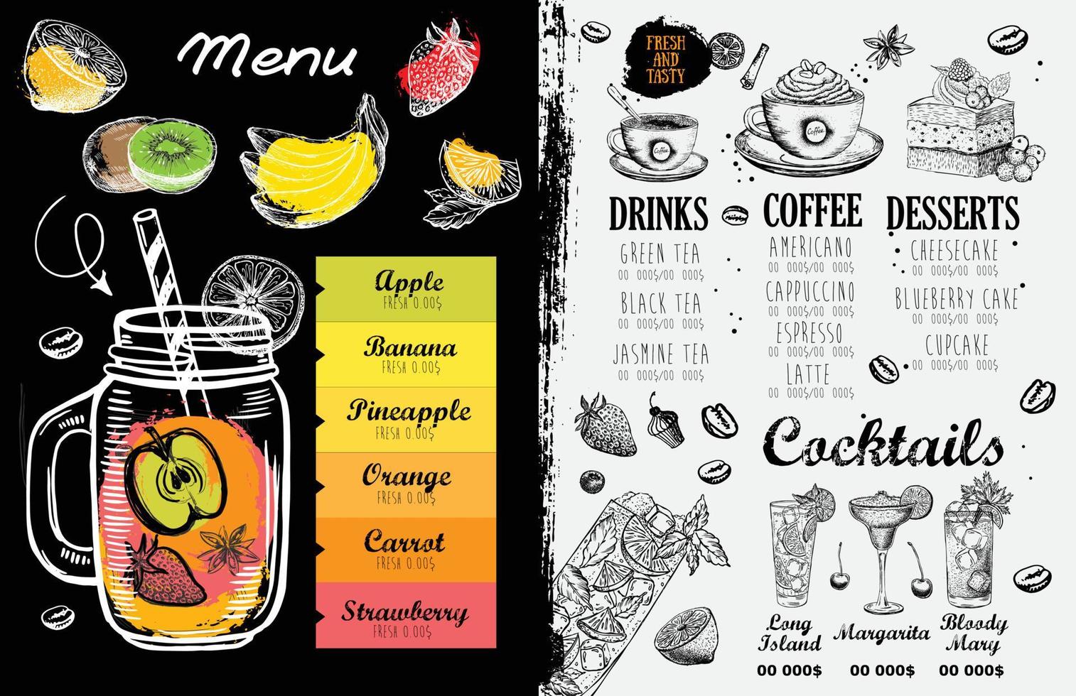 Menu juice Smoothie, Hand drawn style. vector