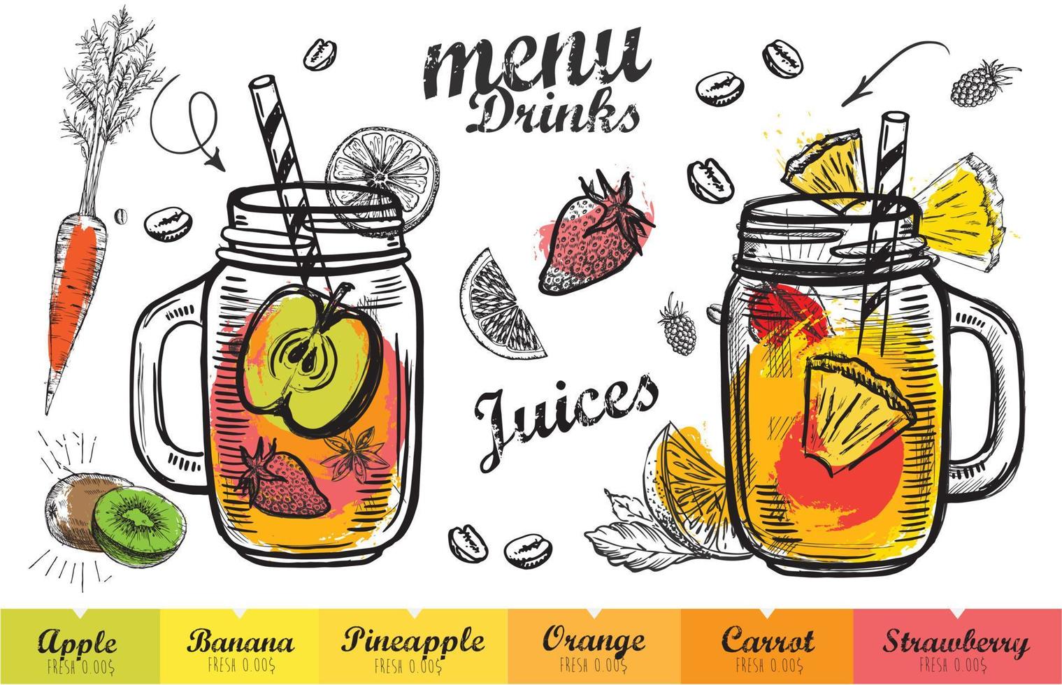 Menu Juice smoothie, Hand drawn style. vector